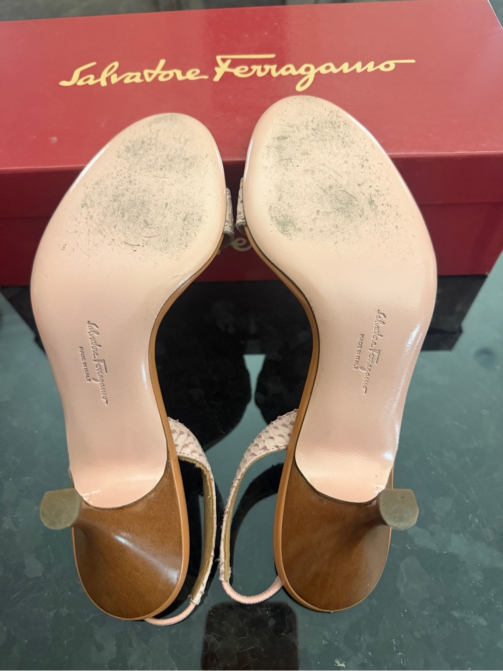 Salvatore Ferragamo Tan and Pink Slingback Heels Size 6.5 AA - Picture 6 of 9